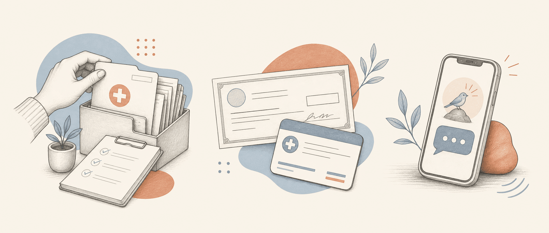 Illustrations of organized records, benefit documents, and an advocate phone conversation