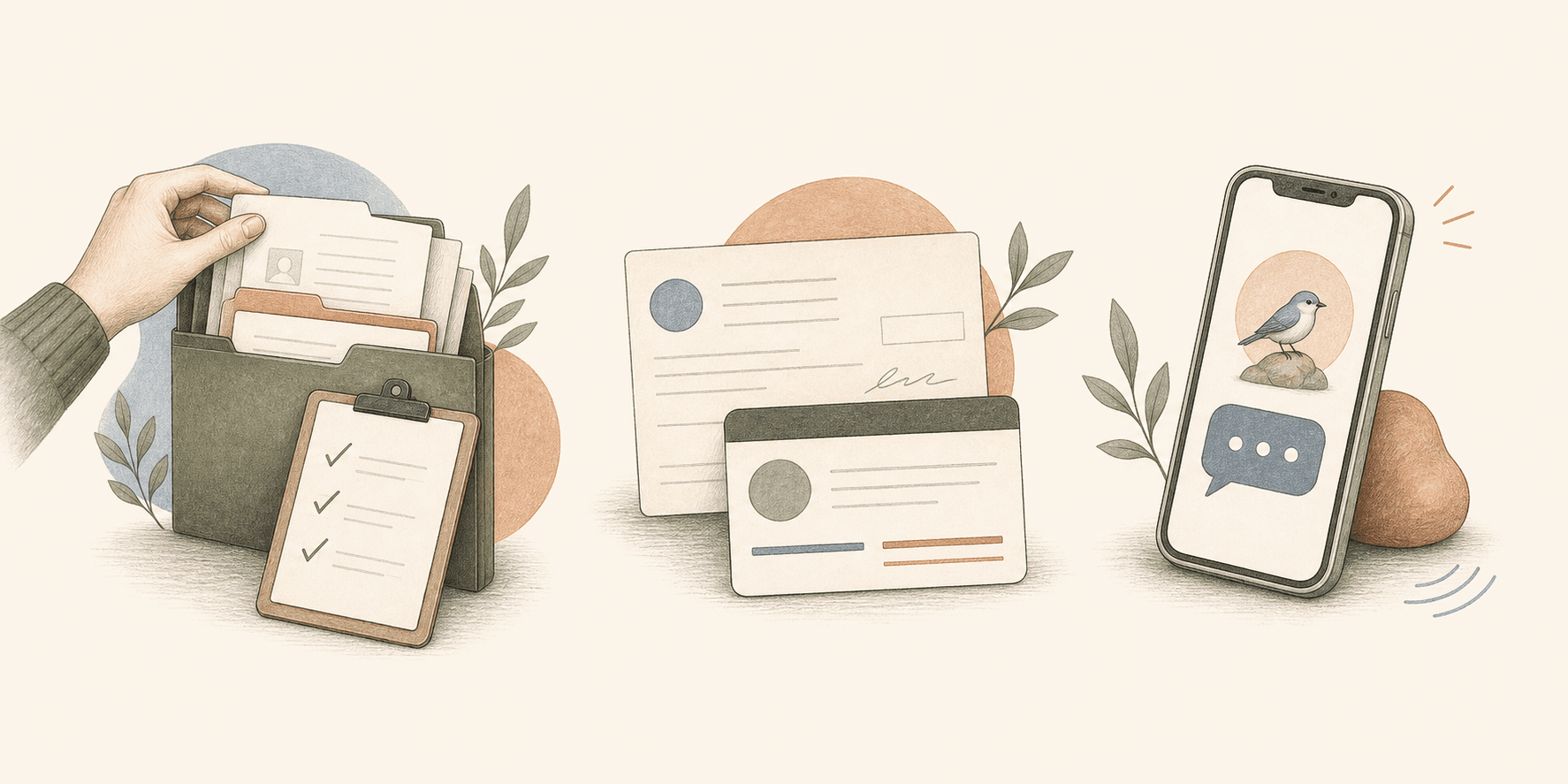 Warm illustration of organized records, benefit paperwork, and phone support